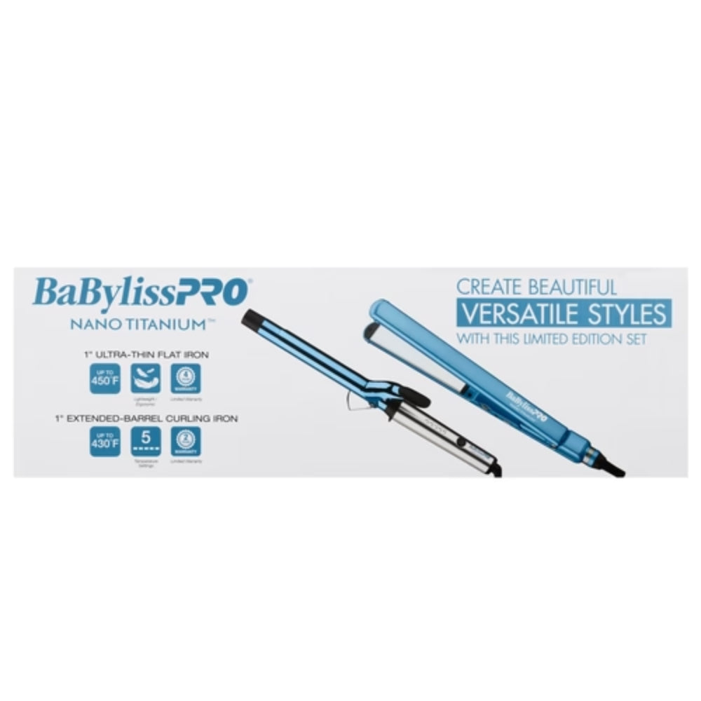 Babyliss Pro Nano Titanium 1" Extended Barrel Curling Iron & 1" Ultra-Thin Flat Iron Value Pack (BNTPP62UC)