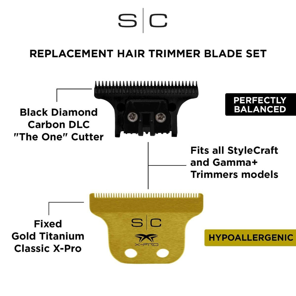 StyleCraft Fixed Gold Titanium Classic X-Pro Trimmer Blade + Black Diamond Carbon DLC The One Cutter Set (SC529GB)