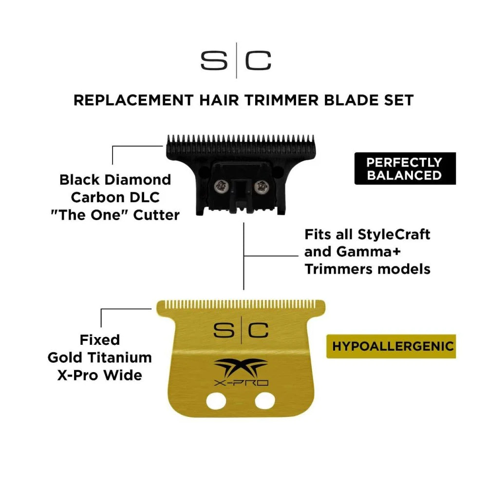 StyleCraft Fixed Gold Titanium X-Pro Wide Replacement Trimmer Blade w/ Black Diamond DLC The One Cutter Set (SC527GB)