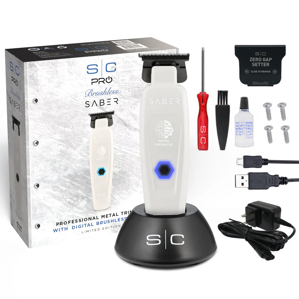 StyleCraft Limited Edition Saber II Cordless Digital Brushless Motor Clipper + Trimmer - White (SC619/SC421W) (Combo)