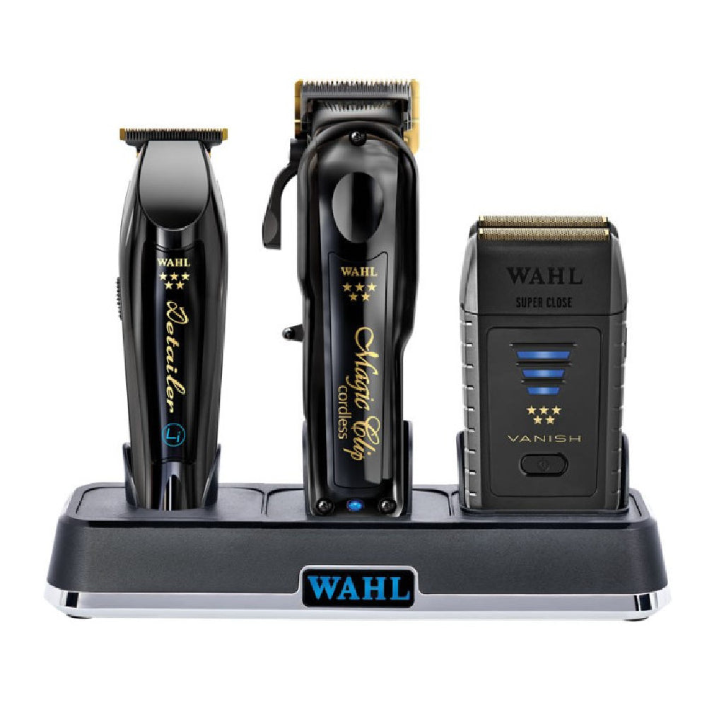 Wahl 5-Star Black/Gold Cordless Barber Combo + Vanish Shaver + Power Station (Combo)-Clipper Vault