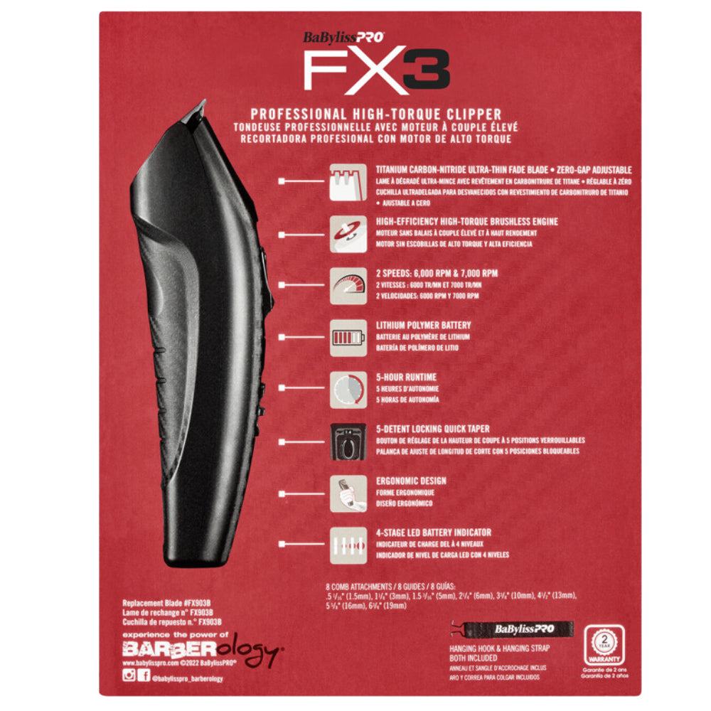 Babyliss Pro FX3 High Torque Cordless Clipper Black (FXX3CB)-Clipper Vault