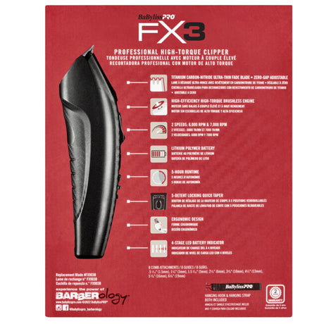 Babyliss Pro FX3 High Torque Cordless Clipper Black (FXX3CB)-Clipper Vault