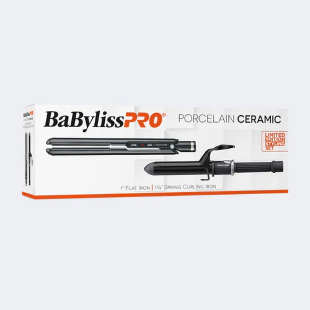 Babyliss Pro Porcelain Ceramic 1" Flat Iron + 1 1/4" Spring Curling Iron Duo Pack (BPCPP6UC)