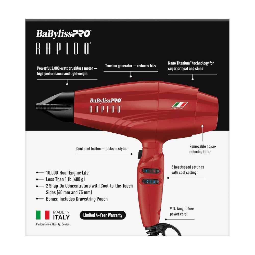 Babyliss Pro Rapido Professional Hair Dryer - Red (BRRAP1)