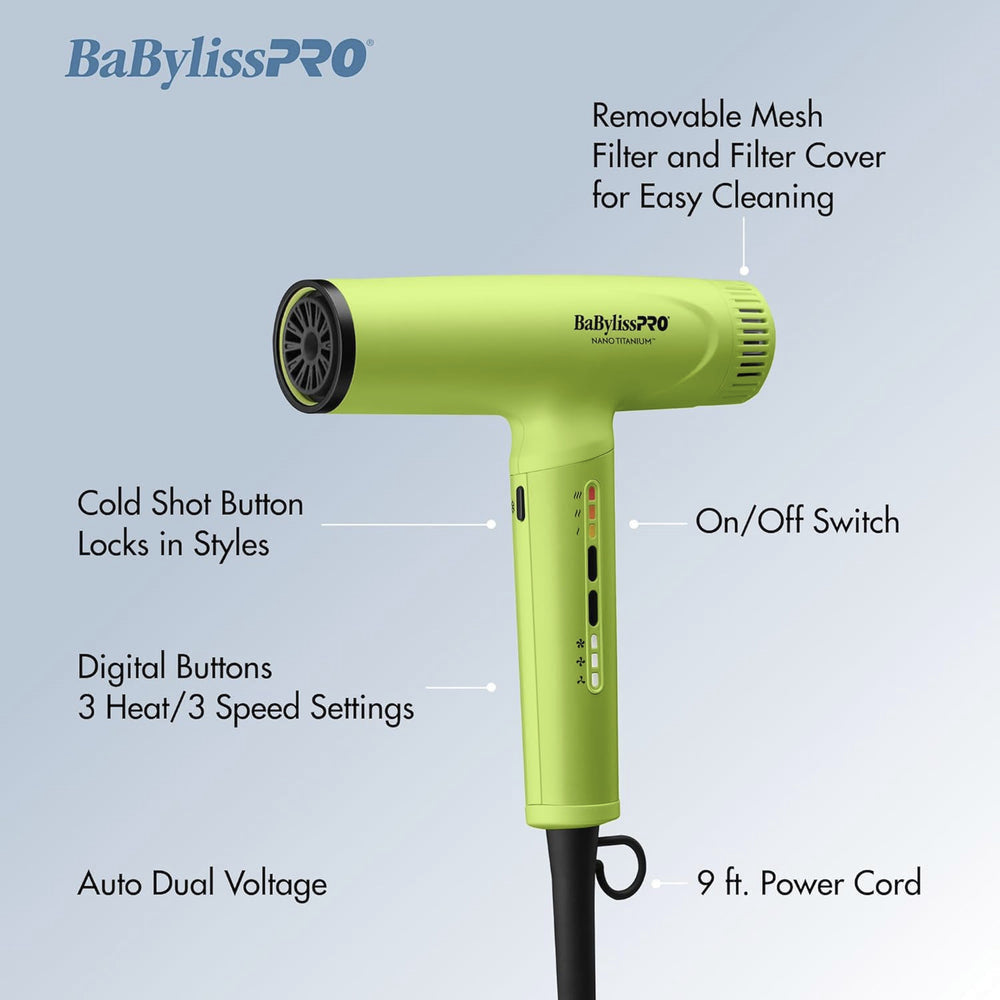 Babyliss Pro Nano Titanium Light Ionic High Speed Hair Dryer - Neon Yellow (BNTC9200NY)