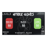 L3VEL3 Nitrile Gloves Variety Pack (RED-ISH, BLACK, LIME)