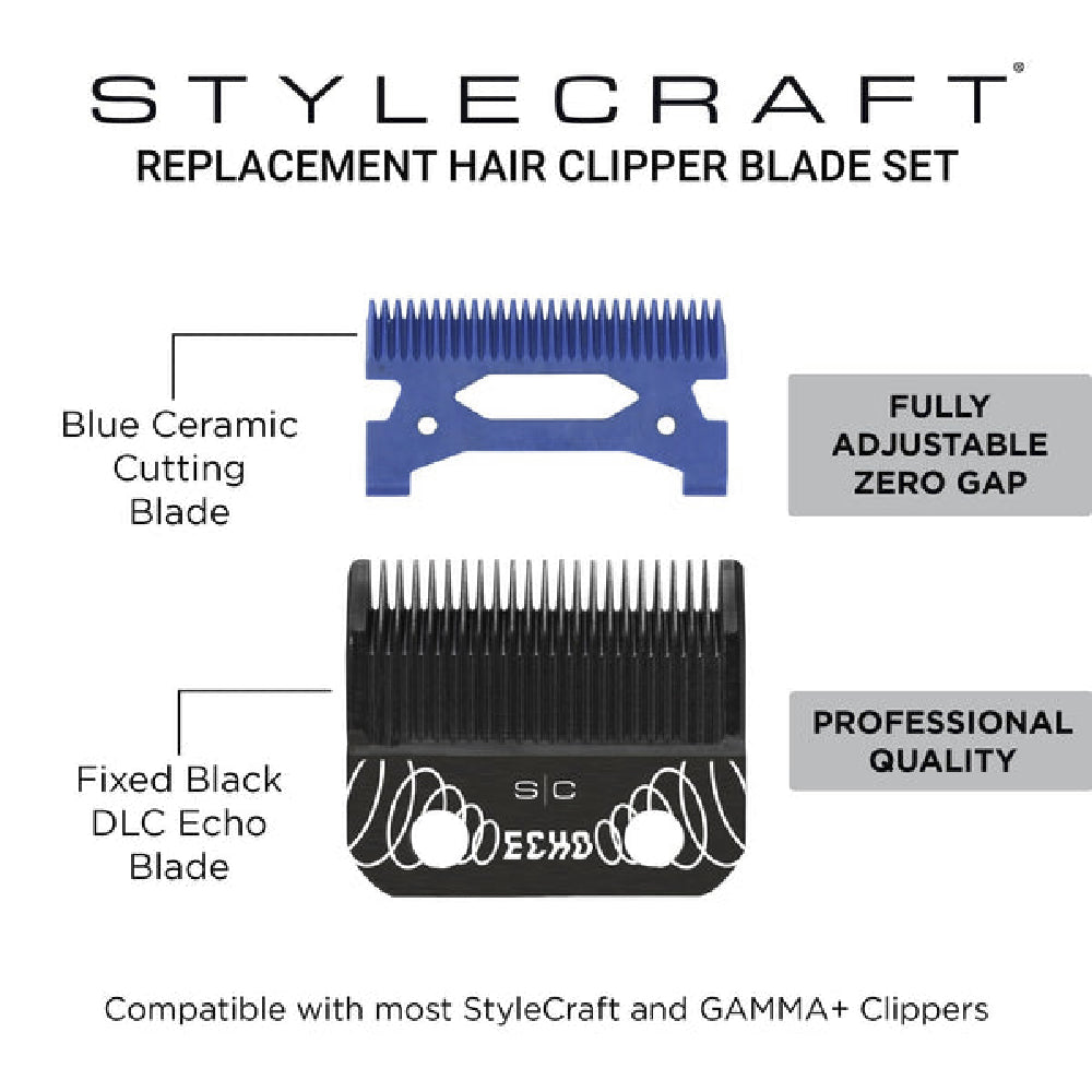 StyleCraft Black DLC Echo Clipper Blade & Blue Ceramic Cutter (SC554B)