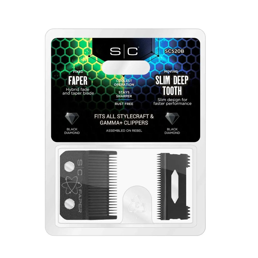 StyleCraft Fixed Black Diamond Carbon DLC Faper Blade w/ Moving Slim Deep Tooth Cutter (SC520B)
