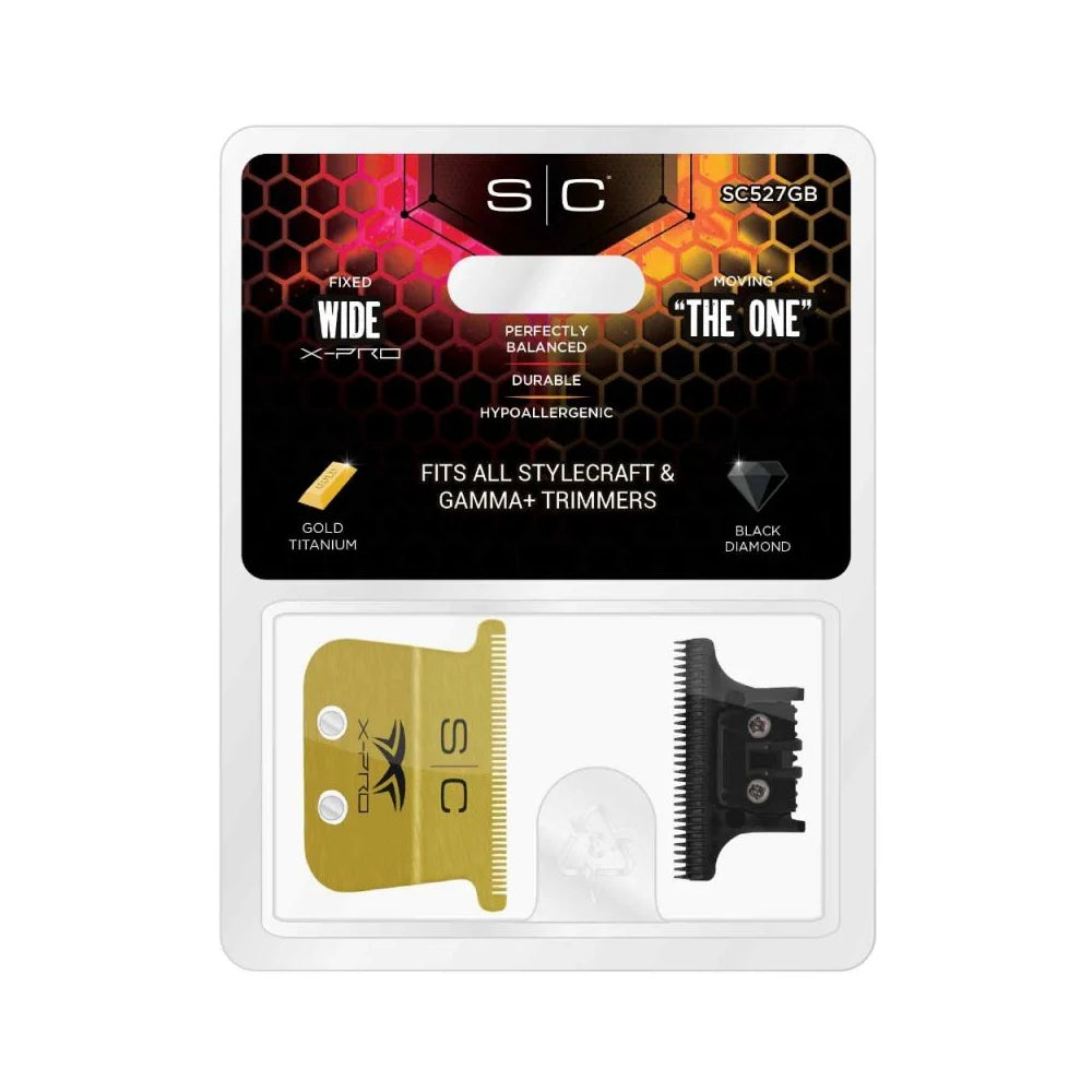 StyleCraft Fixed Gold Titanium X-Pro Wide Replacement Trimmer Blade w/ Black Diamond DLC The One Cutter Set (SC527GB)
