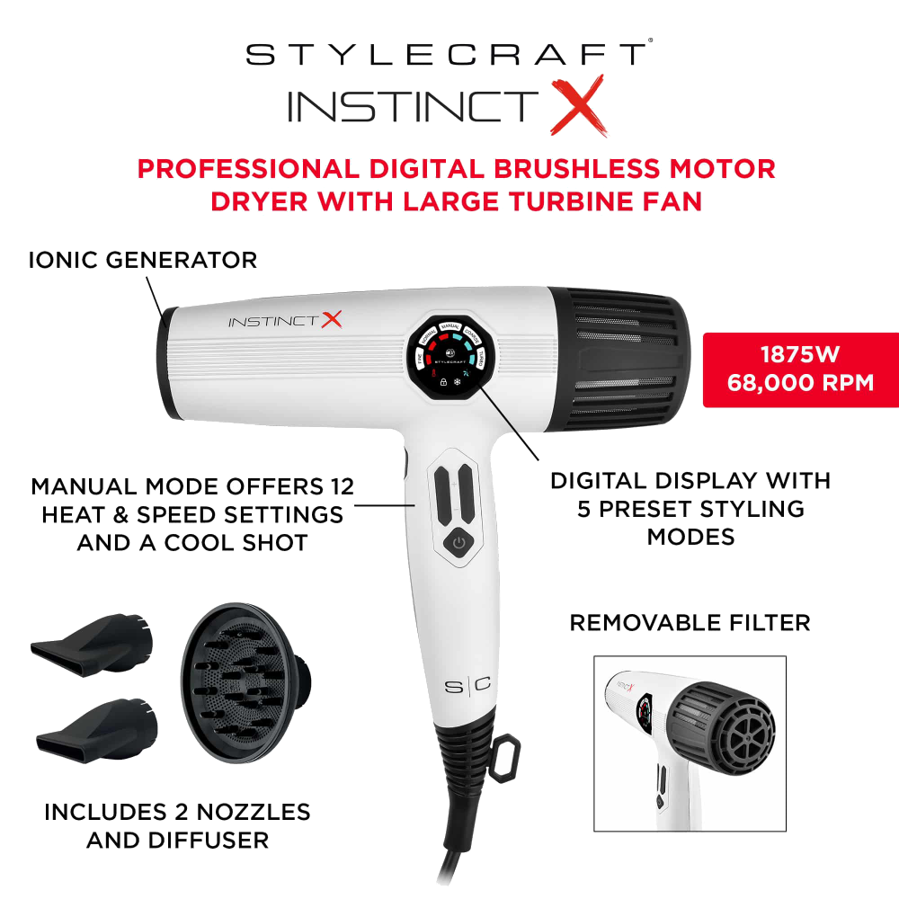 StyleCraft Instinct-X Hair Dryer – White #SC105B