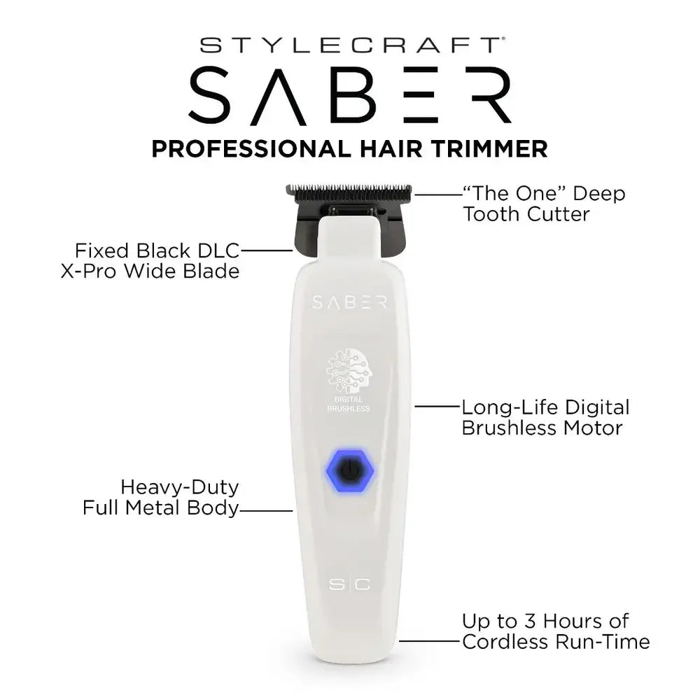StyleCraft Limited Edition Saber II Cordless Digital Brushless Motor Clipper + Trimmer - White (SC619/SC421W) (Combo) [PRE-ORDER]