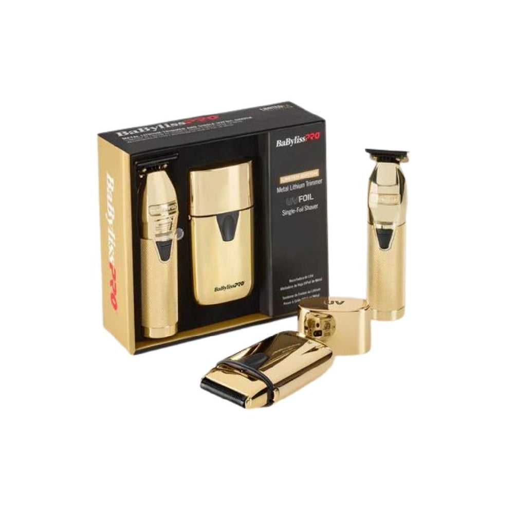 Babyliss Pro Limited Edition Gold FX Trimmer & UV Single-Foil Shaver Set (FXLFHOLPKG)-Clipper Vault