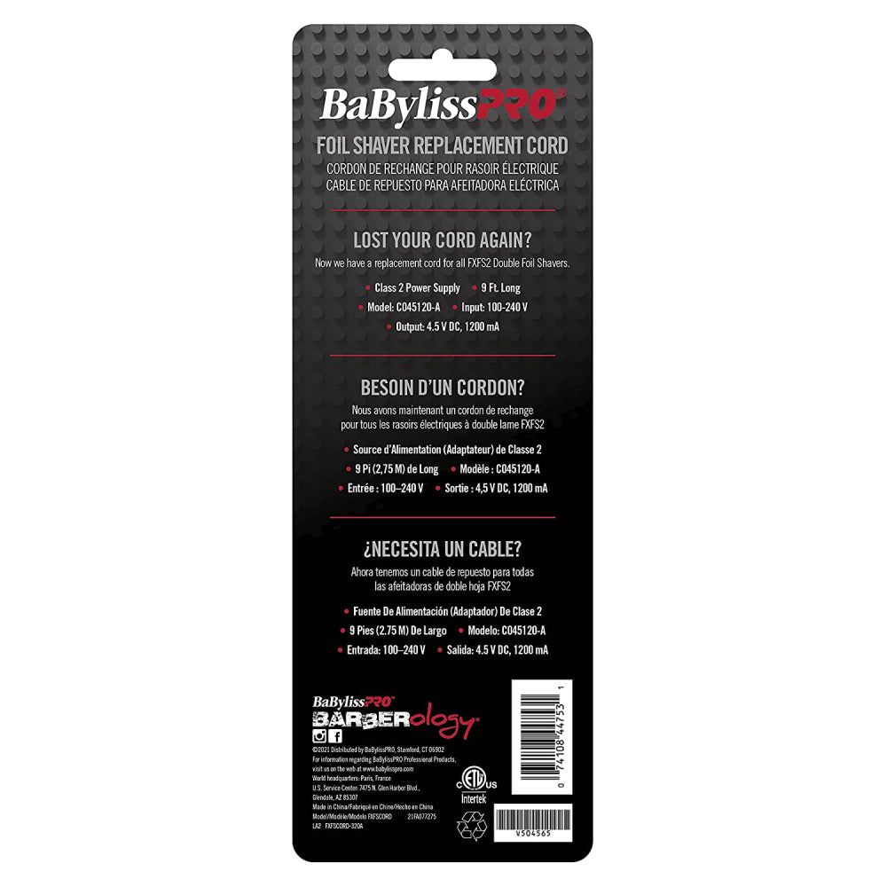 BaByliss PRO Replacement Power Cord for FXFS2 Double Foil Shavers-Clipper Vault