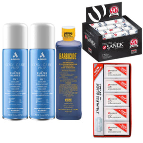 Barber Must Haves Subscription Box - Cool Care Plus, Sanek Neck Strips, Dorco Blades, Barbicide-Clipper Vault