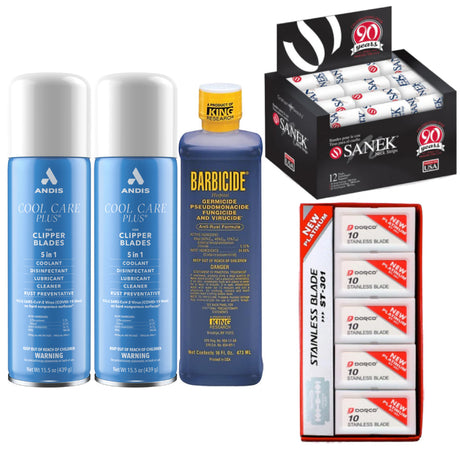 Barber Must Haves Subscription Box - Cool Care Plus, Sanek Neck Strips, Dorco Blades, Barbicide-Clipper Vault